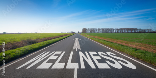 Wallpaper Mural A straight road leading into the horizon with the word "WELLNESS" painted on the asphalt, symbolizing a journey toward health and well-being in an open, tranquil landscape. Torontodigital.ca