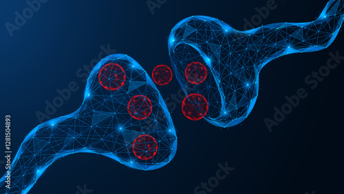 Synapse, nervous system. Polygonal design of interconnected elements. Blue background.
