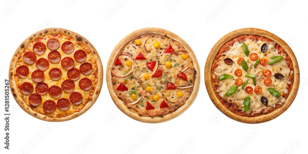 Pizza on white, cheesy pizza with fresh toppings, Cut Out Pizza on white, cheesy pizza with fresh toppings, Cut Out