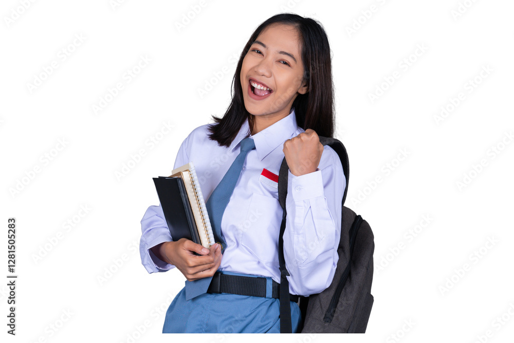 Indonesian Female High School Student in Uniform Gesture Celebrating Isolated Transparent Indonesian Female High School Student in Uniform Gesture Celebrating Isolated Transparent