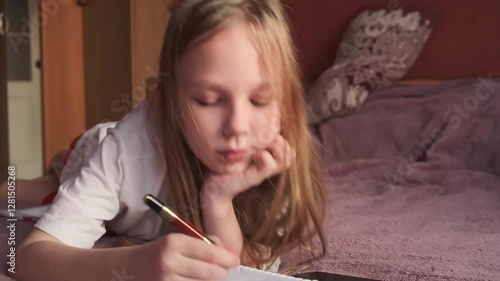 A charming image of a 9-year-old girl drawing a character from her phone in a notebook on a cozy purple blanket. Perfect for education or creative lifestyle content.