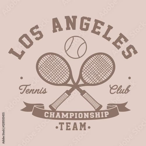Racket tournament. Tennis college league. Vintage artwork for sportswear. Sport logo. College font . Tennis club vector t-shirt design. New York tennis league graphic print design. varsity typography