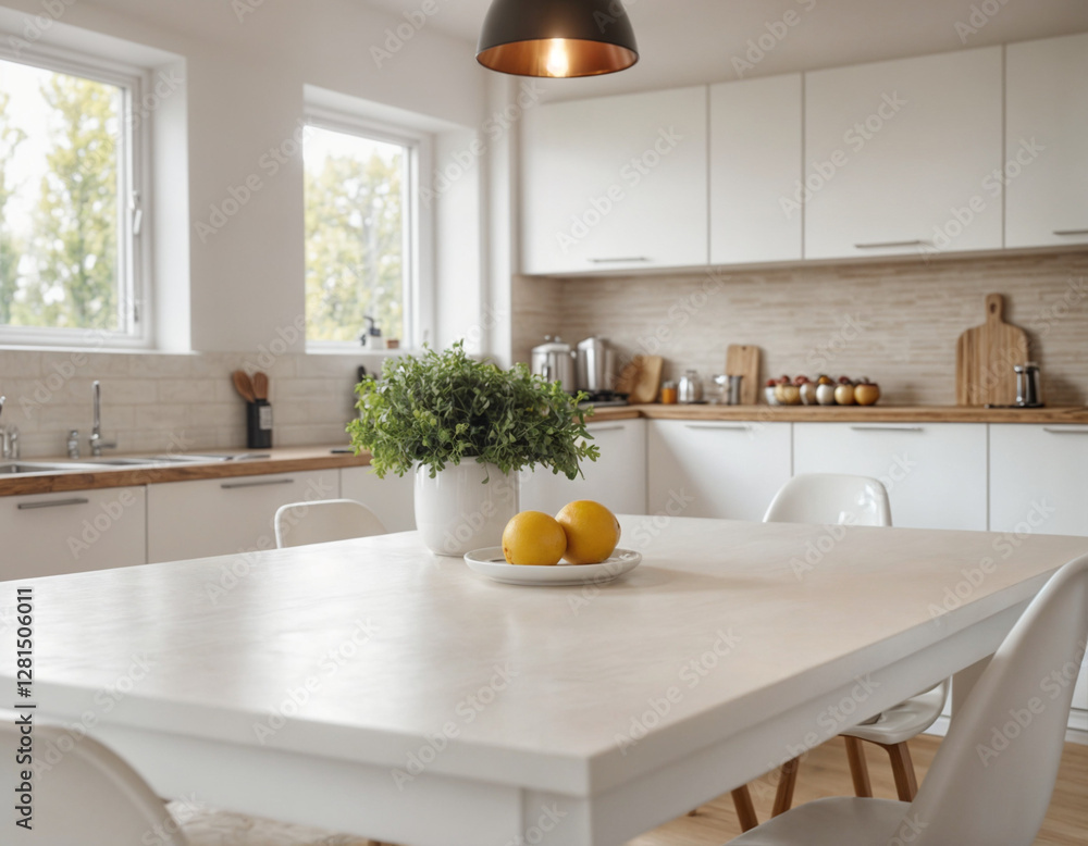 White kitchen table with blurred background of a modern kitchen. Perfect for showcasing products or food. White kitchen table with blurred background of a modern kitchen. Perfect for showcasing products or food.