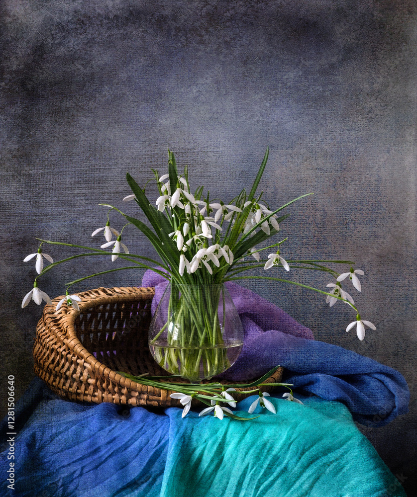 A Beautiful Arrangement of Elegant Snowdrops in a Glass Vase Surrounded by Colorful Textiles