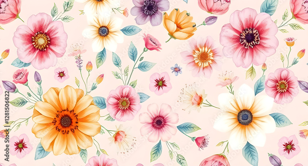 A beautiful floral pattern with various flowers in pastel colors on a light pink background A beautiful floral pattern with various flowers in pastel colors on a light pink background