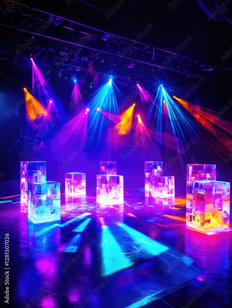 Fototapeta premium A vibrant and innovative stage lighting arrangement featuring glowing, colorfully lit ice cubes as a backdrop, creating an abstract yet striking visual.