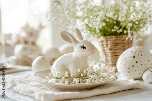 Monochromatic Easter table design in white and beige tones, featuring handmade ceramic plates, cotton napkins, and fresh baby's breath flowers. photo