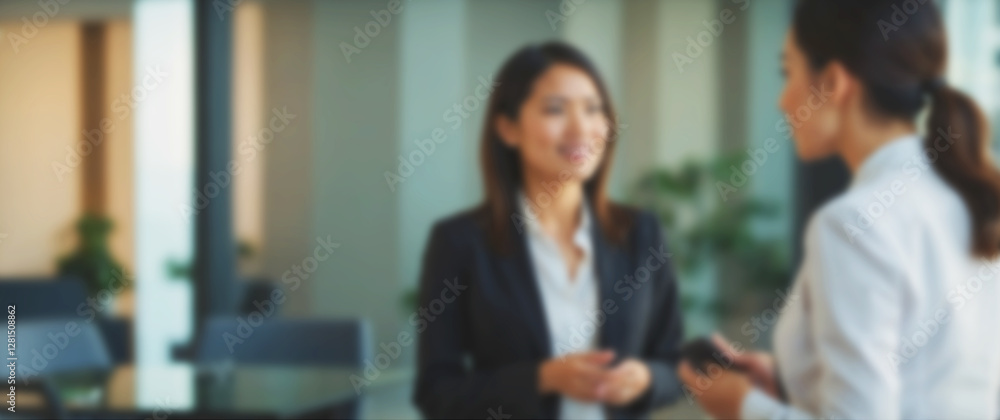 Modern office setting with colleagues interacting, captured in a gentle blur Modern office setting with colleagues interacting, captured in a gentle blur