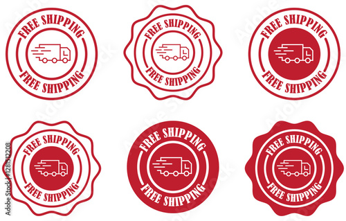 Free delivery icons set on white background. Ecommerce shipping label icons. Minimal shipping truck symbols. Free shipping badge icon design. Vector shipping stamp set. Vector illustration