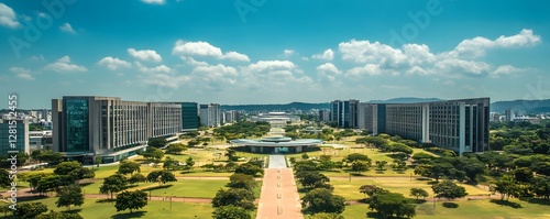 A wide shot of Brasília’s Government Complex, with futuristic government buildings surrounded by open spaces and clean lines