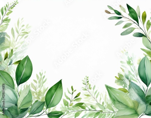 green leaf floral border watercolor forest foliage banner a pre made botanical frame on white background illustration
