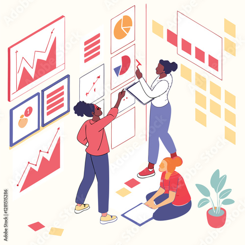 Creative startup brainstorming session with charts and sticky notes