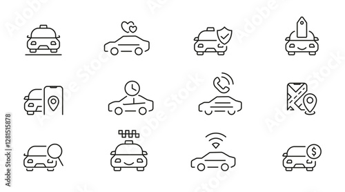 Taxi service line icon set. Rideshare, cab, car, travel driver, passenger, taxi app, fare, Hail a Cab, location, rent a car, vector icon collection. UI outline icon pack