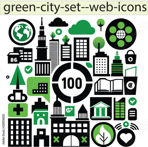 A Green City Web Icon Set includes icons representing eco-friendly urban living, such as sustainable buildings, green energy, clean transportation, tree-lined streets, recycling