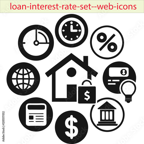 A Loan Interest Rate Web Icon Set includes icons representing financial concepts like loan percentages, interest calculations, bank approvals, EMI payments, and credit ratings. These icons are designe
