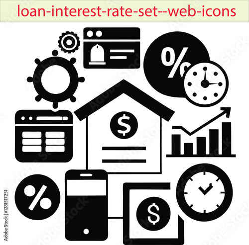 A Loan Interest Rate Web Icon Set includes icons representing financial concepts like loan percentages, interest calculations, bank approvals, EMI payments, and credit ratings. These icons are designe