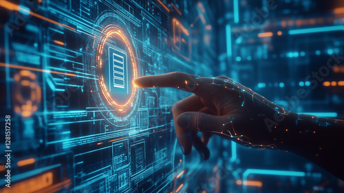 Hand touching a digital document checklist icon on a blue futuristic background with an AI technology concept. High detail, realistic photo, high-quality render