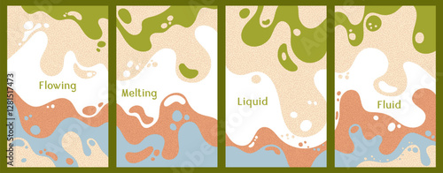 Melting vibrant waves pattern summer front pages. Bubble splashes and streams vector templates set. Fluid liquid flowing paint flyers. Wavy surface brochures. Fluid with bubbles, melting shapes