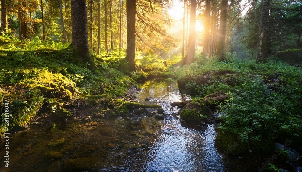 Obraz premium forest creek in warm sunlight