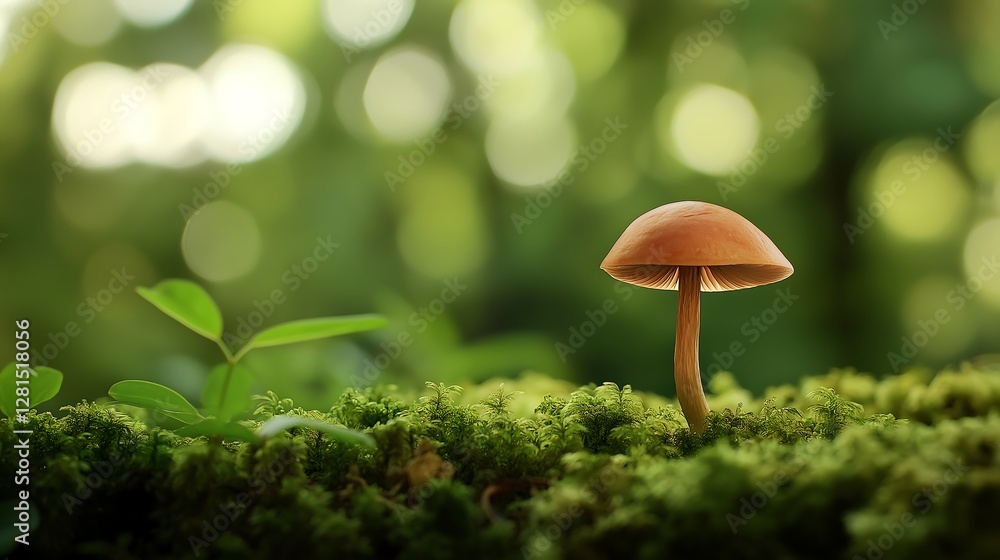 A close-up of a tiny mushroom growing on mossy ground, with a soft bokeh background. A close-up of a tiny mushroom growing on mossy ground, with a soft bokeh background.