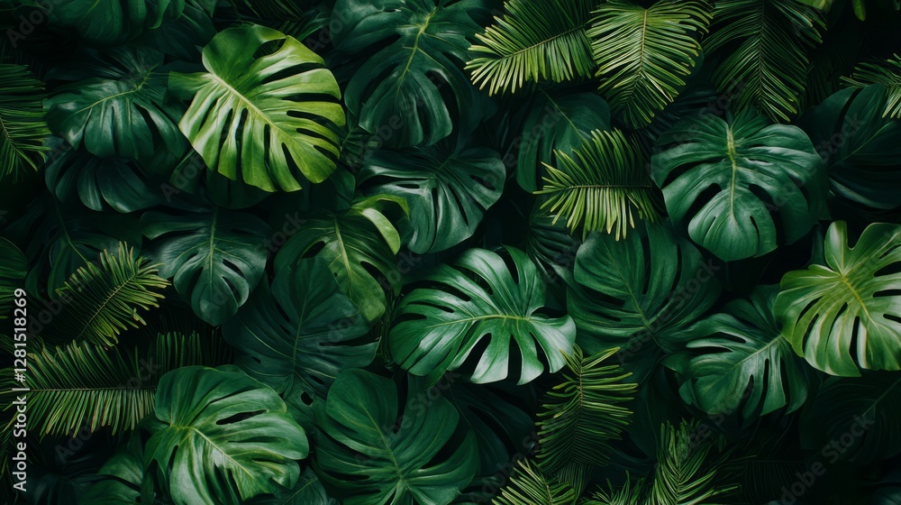 Luxurious tropical leaves pattern with detailed monstera and ferns, wallpaper design in deep green tones with subtle gold accents Luxurious tropical leaves pattern with detailed monstera and ferns, wallpaper design in deep green tones with subtle gold accents