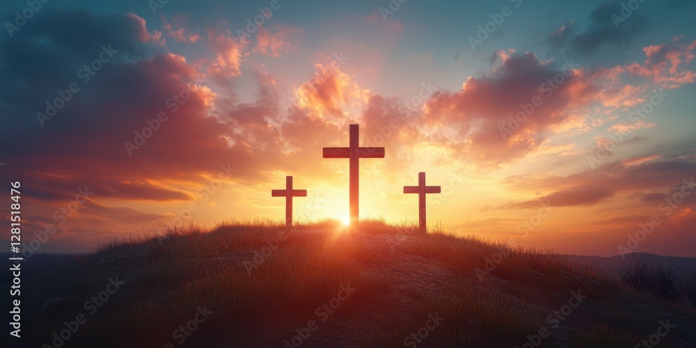 Sunrise over three crosses on a hilltop, symbolizing hope and faith during dawn Sunrise over three crosses on a hilltop, symbolizing hope and faith during dawn