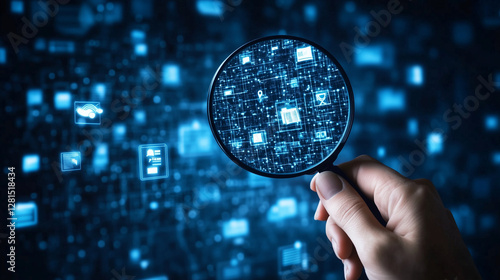 A hand holding a magnifying glass, searching and examining digital documents or going over data with icons of documents and papers in a virtual screen background, visualizing the concept of network.