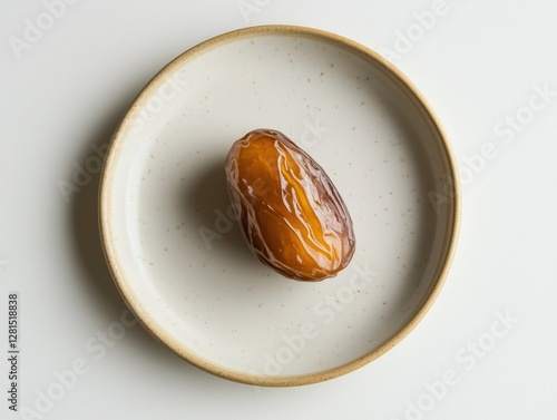 A single date resting on a white plate with a beige rim and tiny speckles, a typical food item for breaking the fast during Ramadan. photo