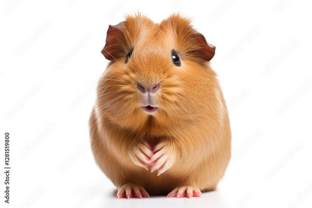 Curious brown guinea pig with fluffy fur, big dark eyes and pink paws on a white background Curious brown guinea pig with fluffy fur, big dark eyes and pink paws on a white background
