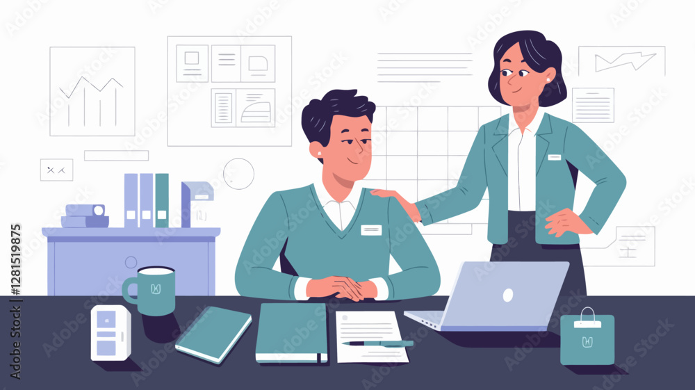 A new employee being welcomed in an office setting, showing a person sitting at a desk with a laptop,a friendly colleague standing nearby with a welcoming gesture. A new employee being welcomed in an office setting, showing a person sitting at a desk with a laptop,a friendly colleague standing nearby with a welcoming gesture.