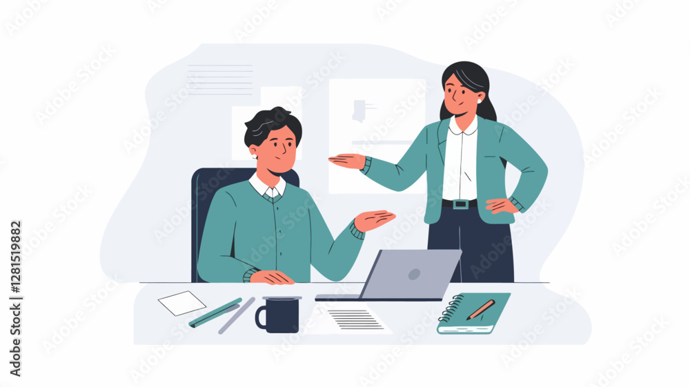 A new employee being welcomed in an office setting, showing a person sitting at a desk with a laptop,a friendly colleague standing nearby with a welcoming gesture. A new employee being welcomed in an office setting, showing a person sitting at a desk with a laptop,a friendly colleague standing nearby with a welcoming gesture.