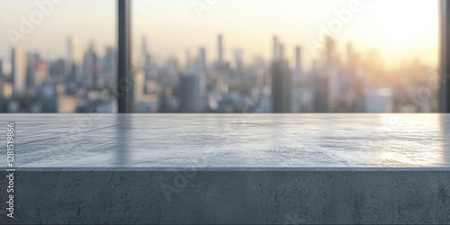City skyline view during sunset from a modern concrete ledge overlooking the urban landscape