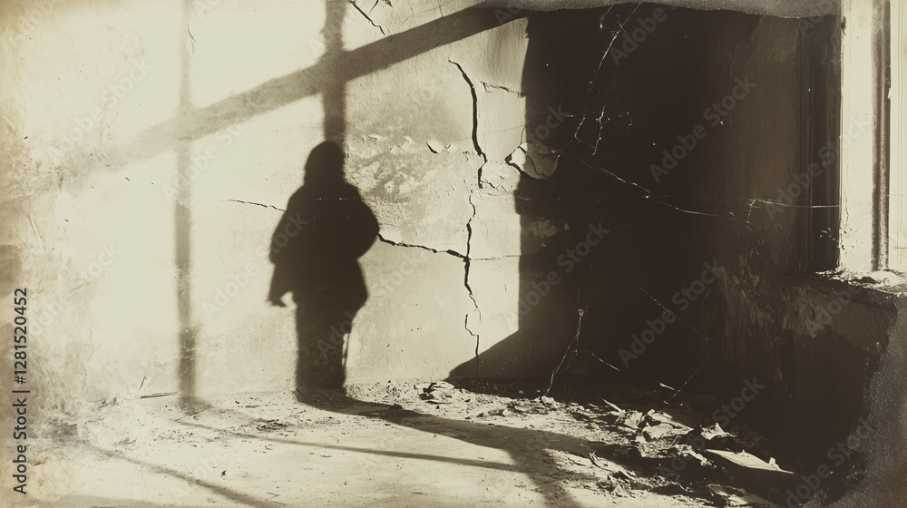 Fototapeta premium An old, faded photograph taken in an abandoned building, capturing the shadow of a mysterious figure cast on a cracked wall.