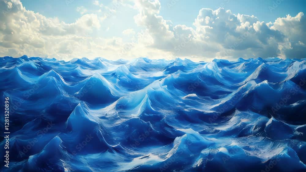 A vast ocean of rolling waves under a bright sky with scattered clouds