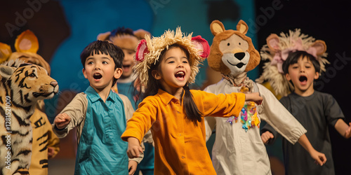 Children participating in theater acting and performing.