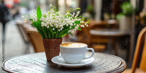 Fototapeta Naklejka Na Ścianę i Meble -  Bunch of lily of the valley and cup of fresh hot coffee on a table of French street cafe.