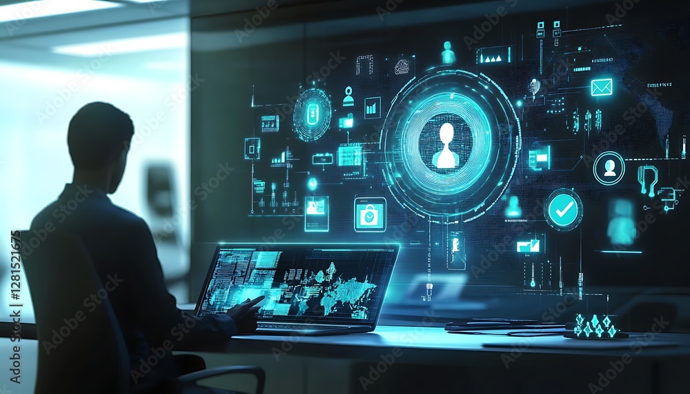 Fototapeta premium Digital illustration of social network communication concept with icons on a futuristic interface in a professional setting.