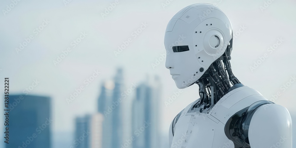 Fototapeta premium Customer experience service optimization concept. Futuristic robot overlooking a city skyline.