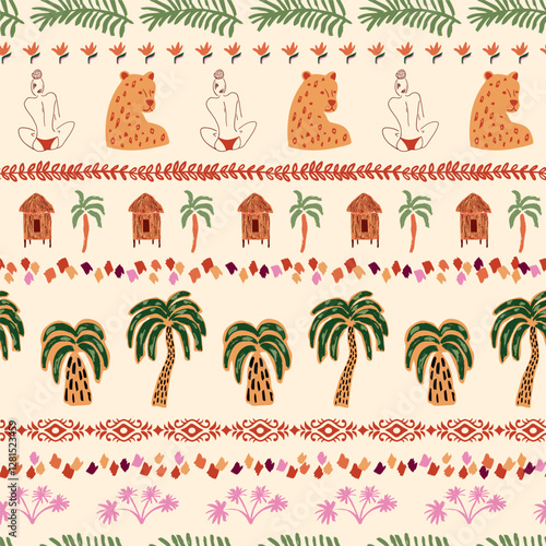 Tropical striped seamless pattern. Summer palm tree, beach house, woman shape, jaguar. Tribal ethnic geometric lines, abstract hand drawn elements on beige background. Vector textile design, wallpaper