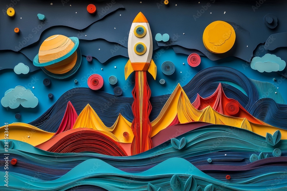 Fototapeta premium Paper craft rocket launching from a colorful landscape with mountains, sea, planets, sun and stars in a vibrant and textured design