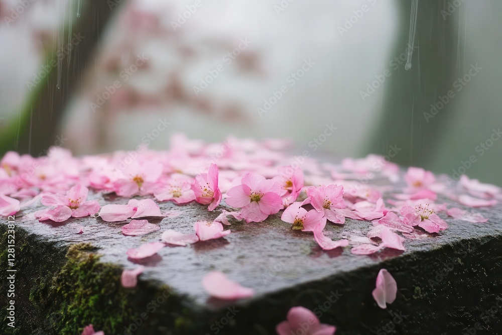 cherry blossom petals scattered around a weathered stone memorial soft morning mist dewdrops on delicate pink blooms ethereal atmosphere cherry blossom petals scattered around a weathered stone memorial soft morning mist dewdrops on delicate pink blooms ethereal atmosphere