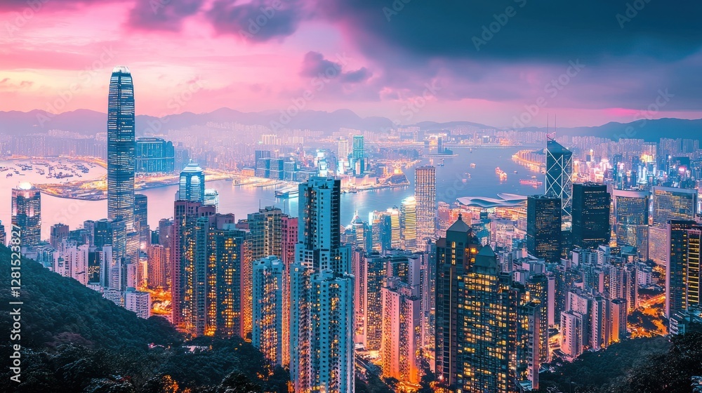 Vibrant Hong Kong cityscape at sunset, showcasing skyscrapers, harbor, and hills. Vibrant Hong Kong cityscape at sunset, showcasing skyscrapers, harbor, and hills.