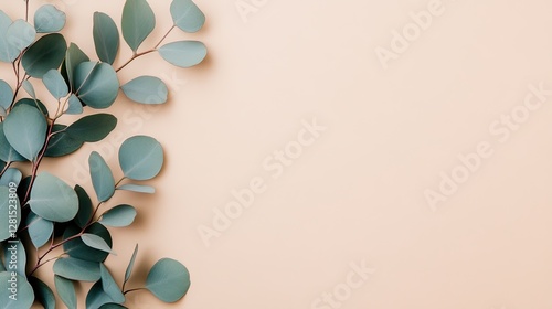 Eucalyptus leaves cast delicate shadows over a tranquil beige background, perfect for showcasing text or product content