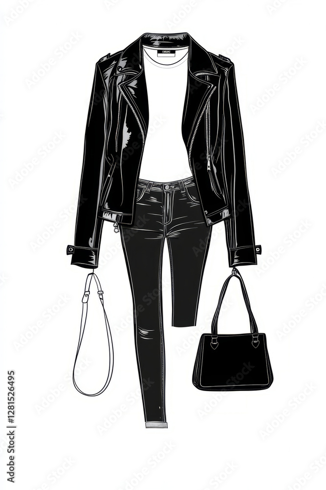 Illustration of a modern outfit consisting of a sleek leather jacket, high waisted jeans, and a chic handbag. The monochrome color palette and clean lines exude sophistication, while the fashionable Illustration of a modern outfit consisting of a sleek leather jacket, high waisted jeans, and a chic handbag. The monochrome color palette and clean lines exude sophistication, while the fashionable