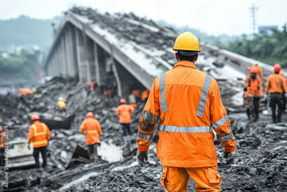 Rescue workers inspecting a collapsed bridge after a natural disaster Rescue workers inspecting a collapsed bridge after a natural disaster