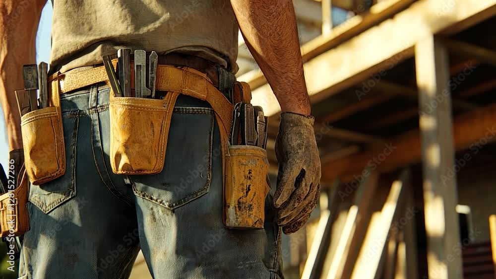 Construction Worker with Tool Belt at a Building Site Construction Worker with Tool Belt at a Building Site
