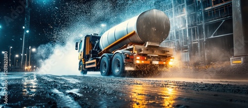 Nighttime street cleaning truck spraying water on wet road.