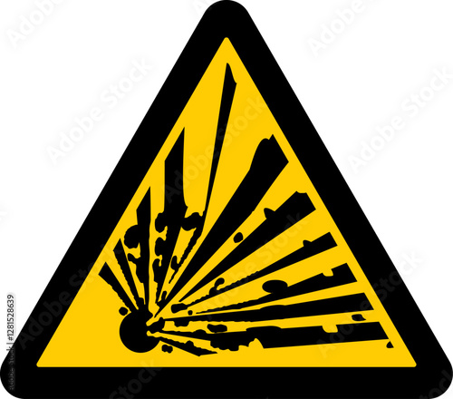 warning sign, an explosion symbol with debris spreading outward warns of explosive hazards or materials that may detonate
