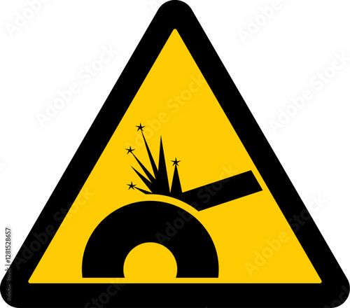 warning sign, a grinding wheel with sparks indicates a hazard related to rotating machinery, cutting tools, or flying debris