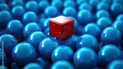 Blue spheres arranged in a grid with a distinct red cube at the center conveying a message of innovation and challenging the status quo